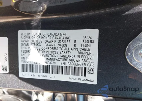 2024 Honda Civic Sport from USA, damaged, VIN 2HGFE2F51RH593789